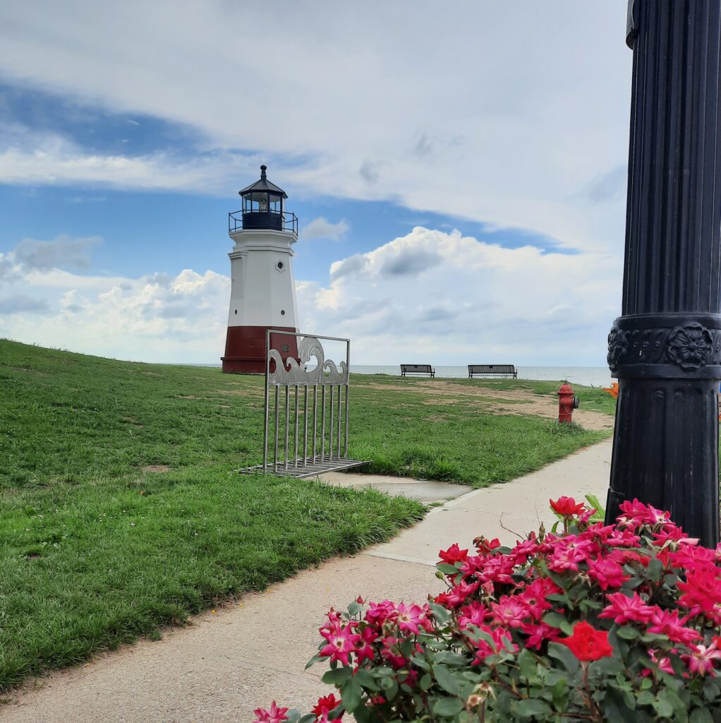 Vermilion, Ohio--Lighthouse with flowers and bike rack.